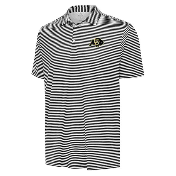 Black and white striped polo shirt with CU Buffaloes logo embroidered on the left chest